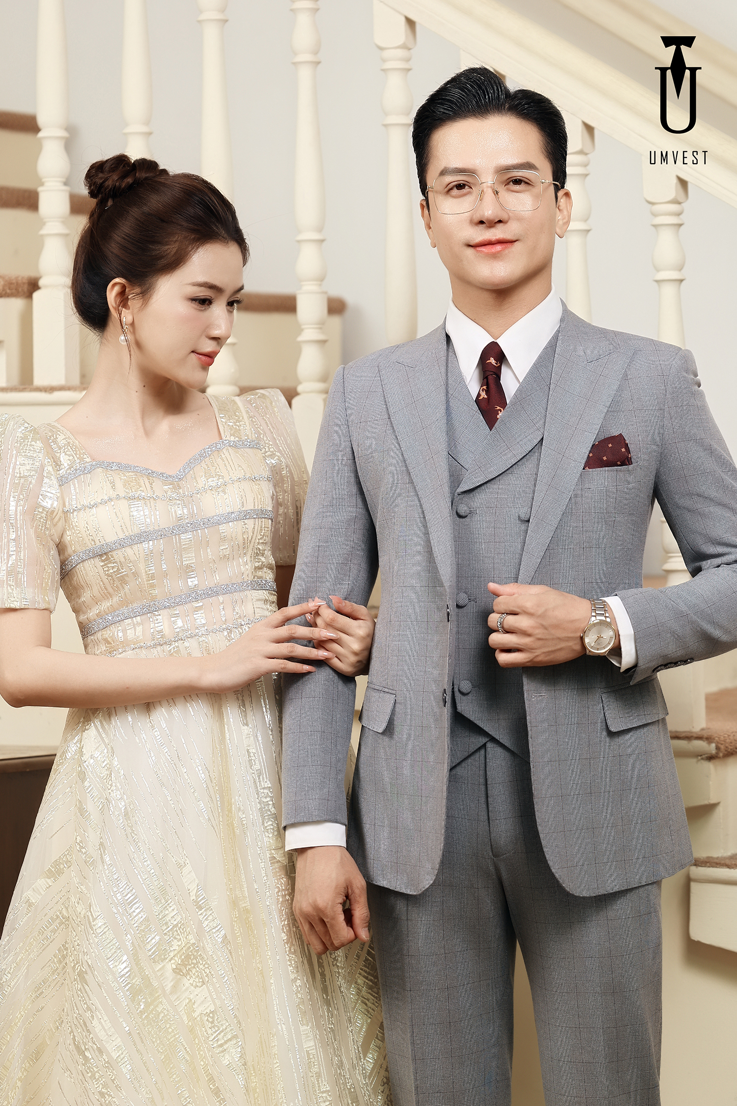 Vest Chú Rể Xám Nhạt Caro