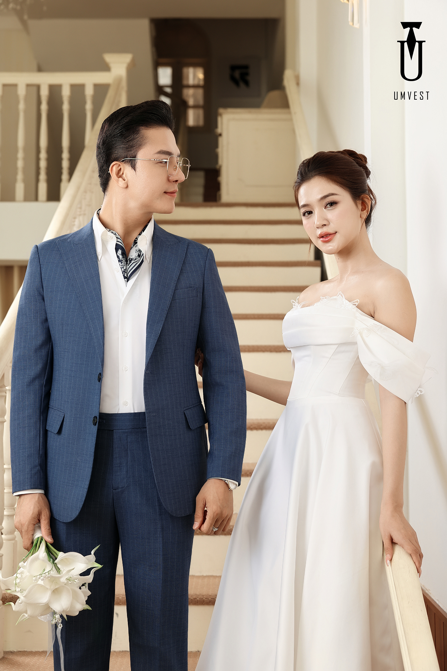 Vest Chú Rể Xanh Dương Sọc