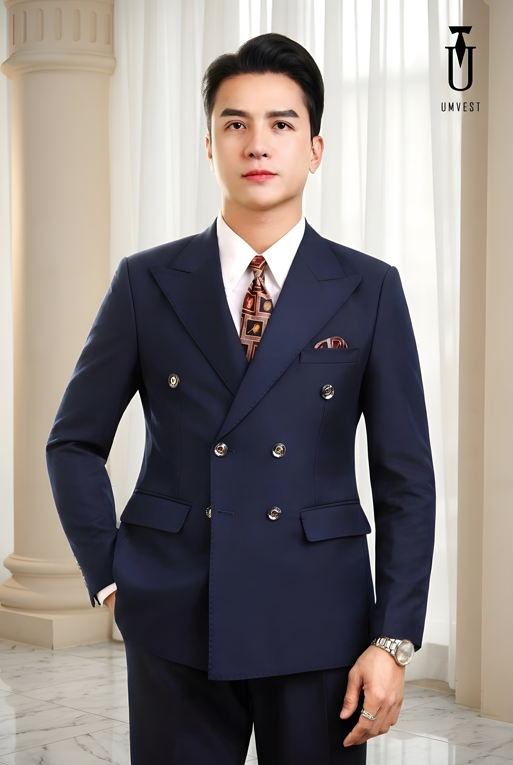 vest xanh navy 6 cúc