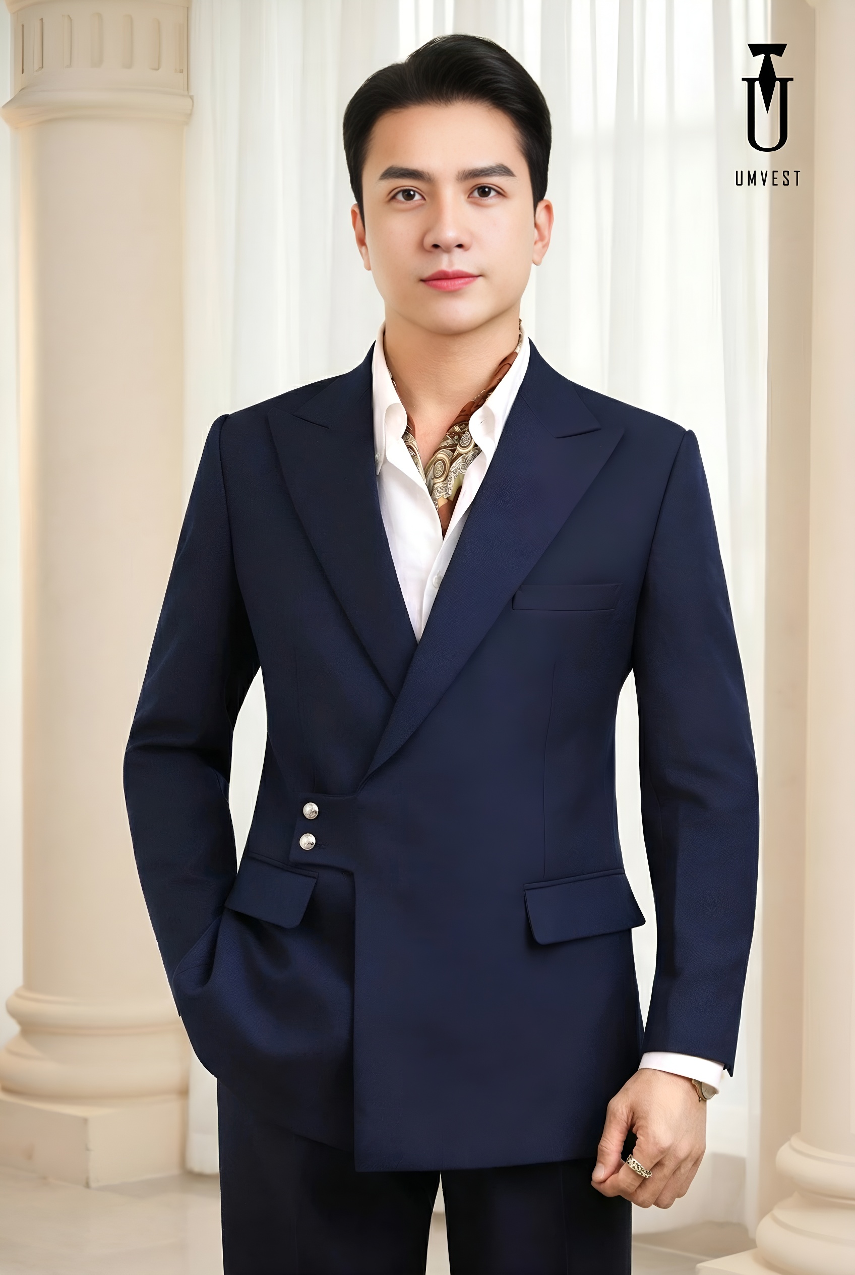 vest xanh navy cài chéo