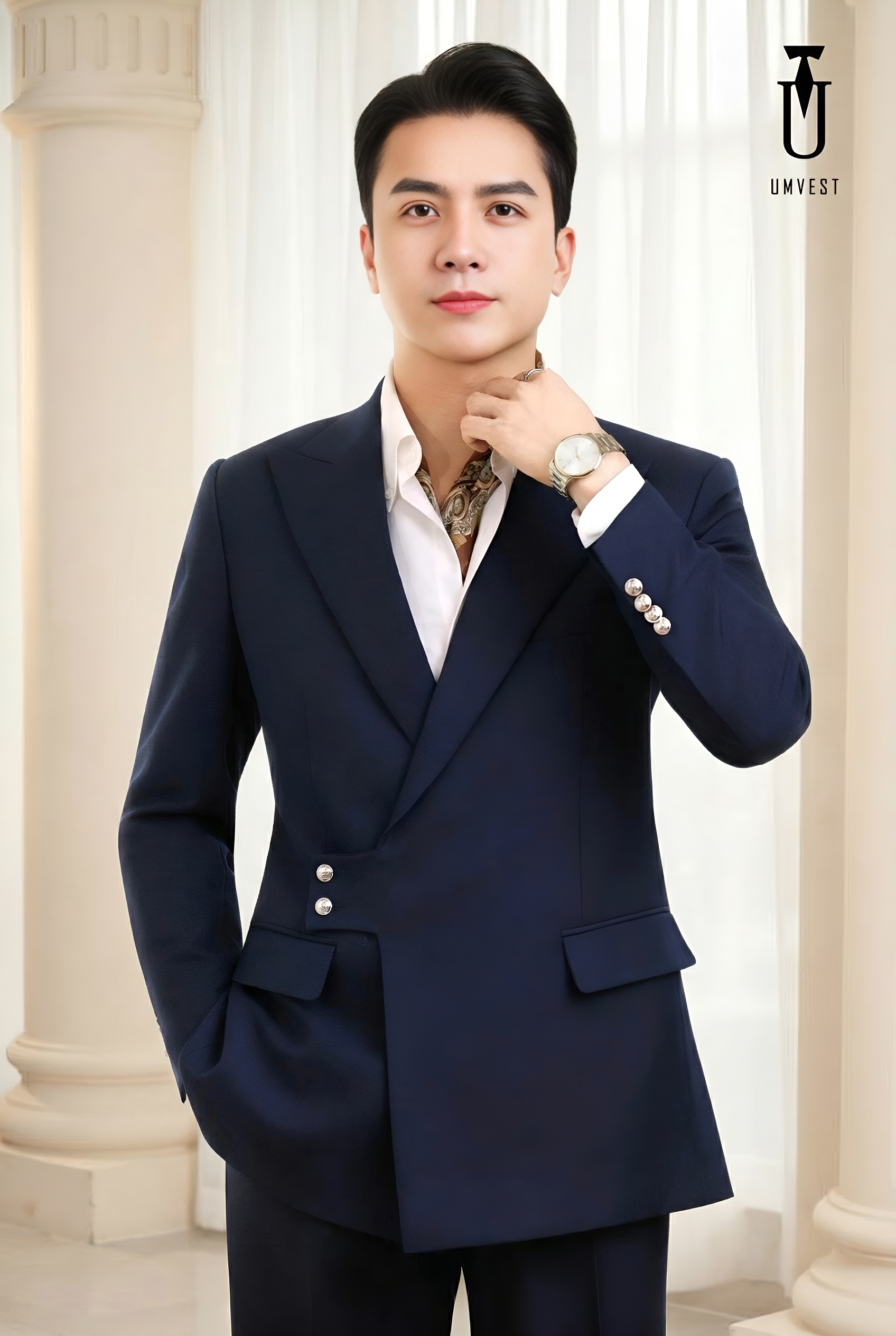 vest xanh navy cài chéo